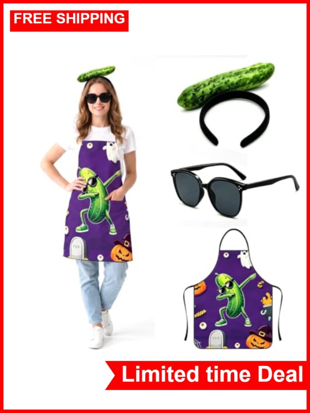 Pickle Costume Accessory Set Adult Headband Sunglasses Apron